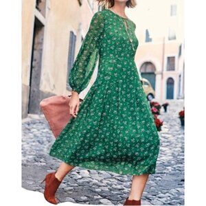 Boden Ada Midi Dress Green Floral With Puff Sleeves keyhole Neckline UK 6P US 2P